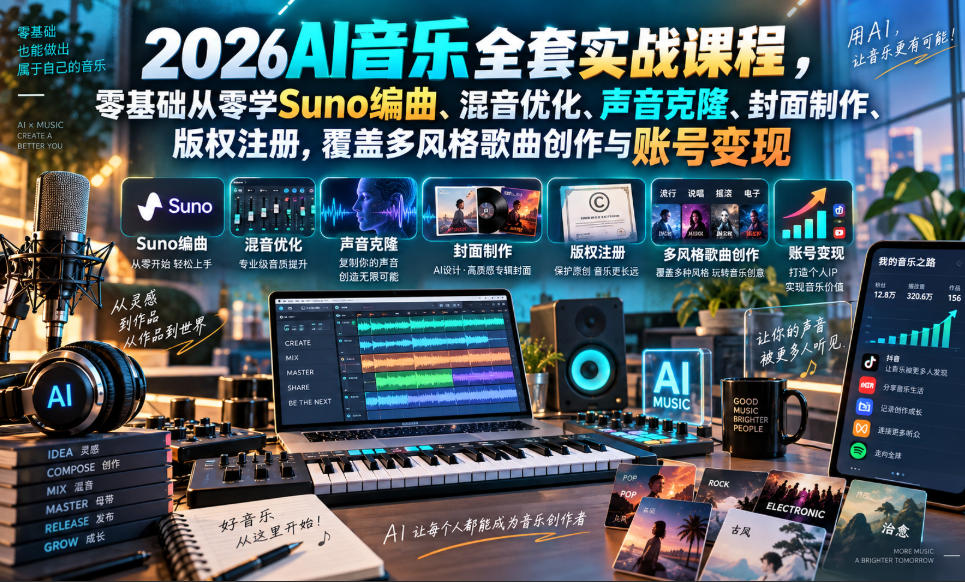 2026AI音乐实战课程，零基础从零学Suno编曲、混音优化、声音克隆、版权注册，覆盖多风格歌曲创作与账号变现-资源共享