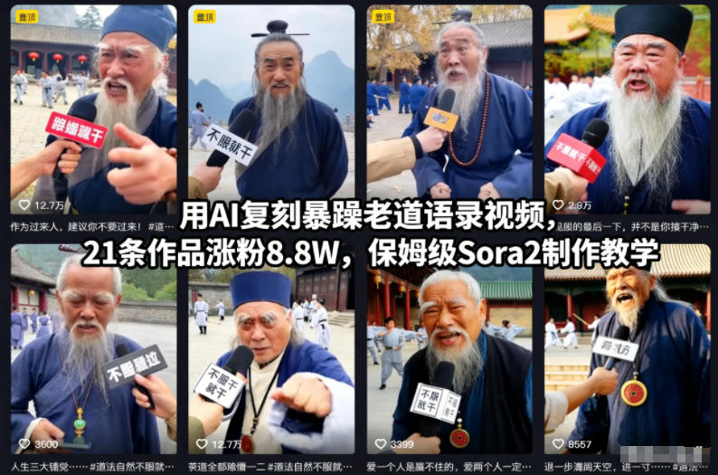 用AI复刻暴躁老道语录视频，21条作品涨粉8.8W，保姆级Sora2制作教学-资源共享