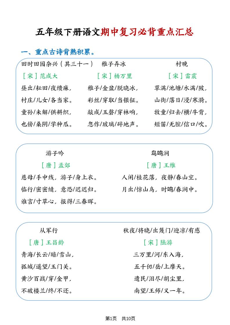 五年级下语文期中复习重点知识点汇总1