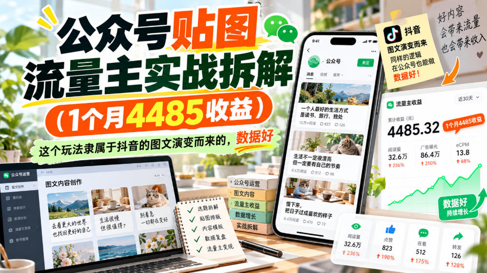 公众号贴图流量主实战拆解(1个月4485收益)，这个玩法隶属于抖音的图文演变而来的，数据好-资源共享