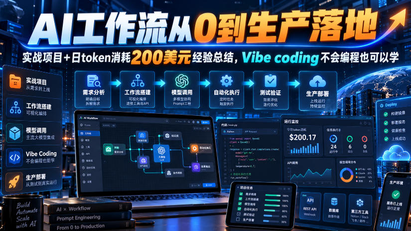 AI工作流从0到生产落地，实战项目+日token消耗200美刀经验总结，Vibe coding不会编程也可以学-资源共享