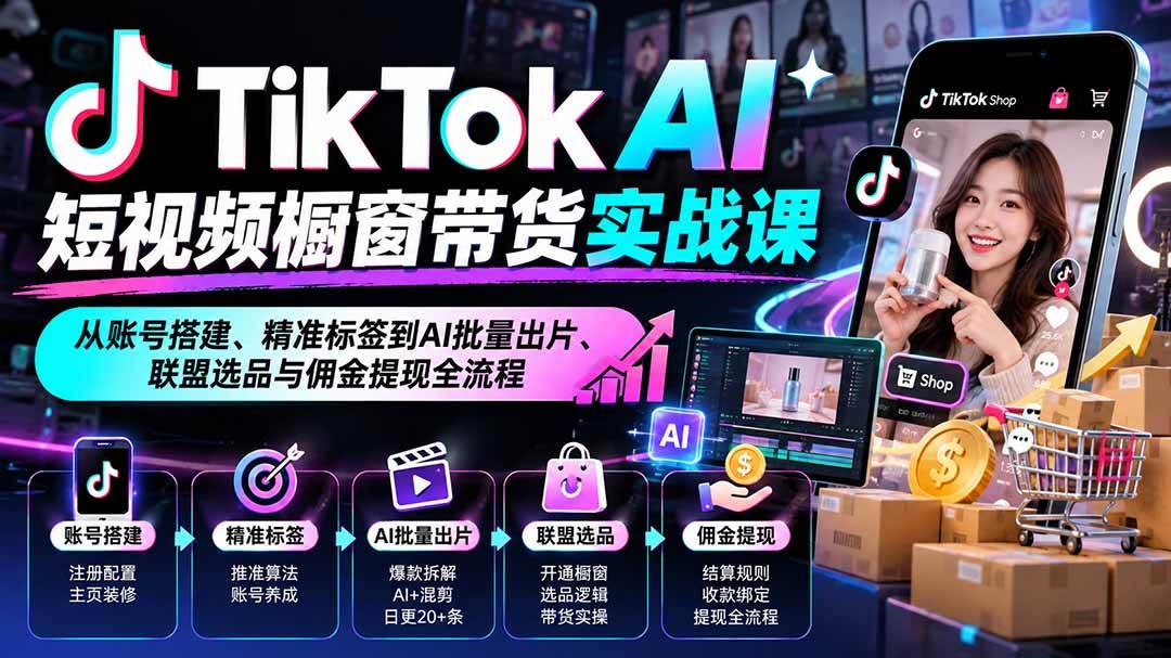 (20725期)TikTok AI短视频橱窗带货实战课:从账号搭建、精准标签到AI批量出片、联盟选品与佣金提现全流程-资源共享
