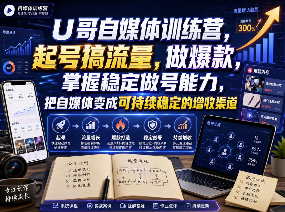 U哥自媒体训练营,起号搞流量,做爆款,掌握稳定做号能力,把自媒体变成可持续稳定的增收渠道-资源共享