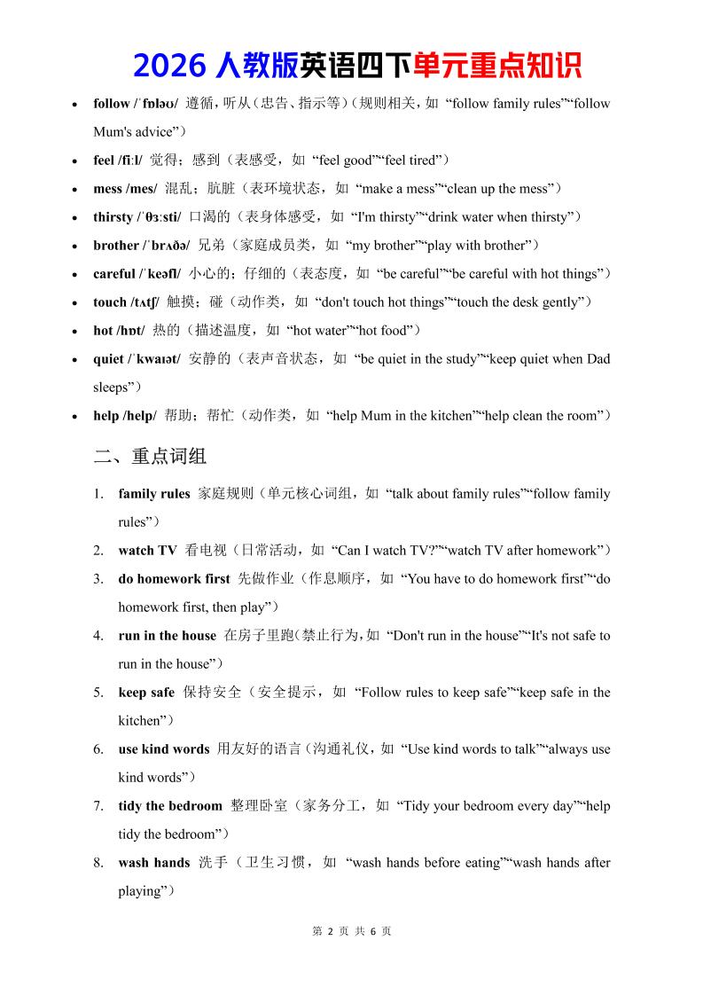四年级下英语Unit2重点知识汇总《人教版PEP》-资源共享
