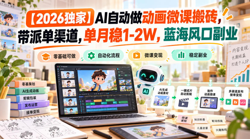 【2026独家】AI自动做动画微课搬砖，带派单渠道，单月稳1-2W，蓝海风口副业【揭秘】-资源共享