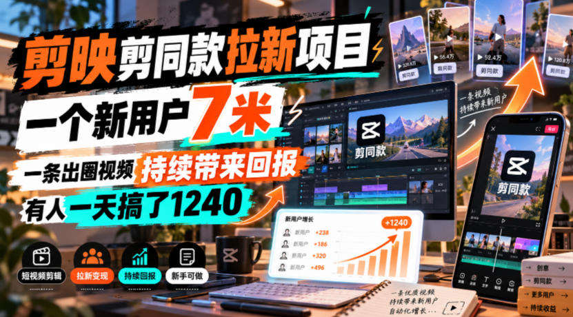 剪映剪同款拉新项目,一个新用户7米,一条出圈视频持续带来回报,有人一天搞了1240-资源共享
