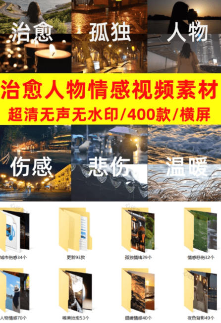 爆款短视频常用视频素材!抖音治愈伤感人物情感视频素材,400款合集,无声无水印,视频感氛围拉满-资源共享