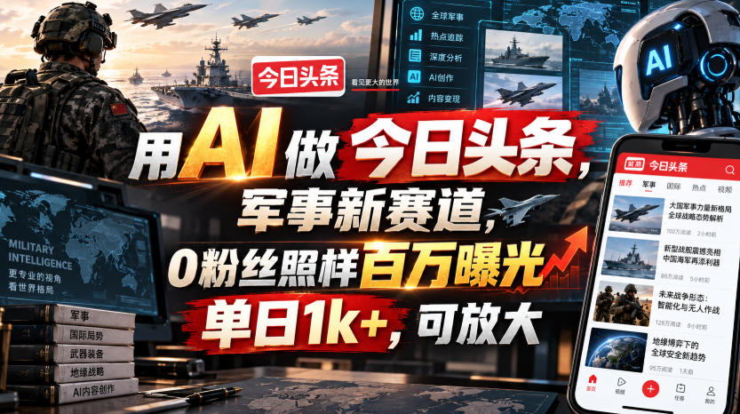 用AI做今日头条,军事新赛道,0粉丝照样百万曝光,单日1k+,可放大 用AI做今日头条,军事新赛道,0粉丝照样百万曝光,单日1k+,可放大
