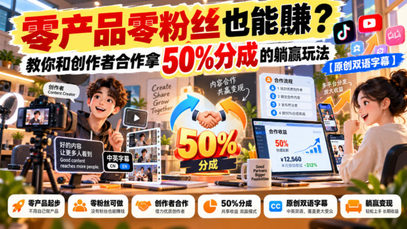 【无水印】零产品零粉丝也能賺？教你和创作者合作拿50%分成的躺赢玩法【原创双语字幕】-资源共享