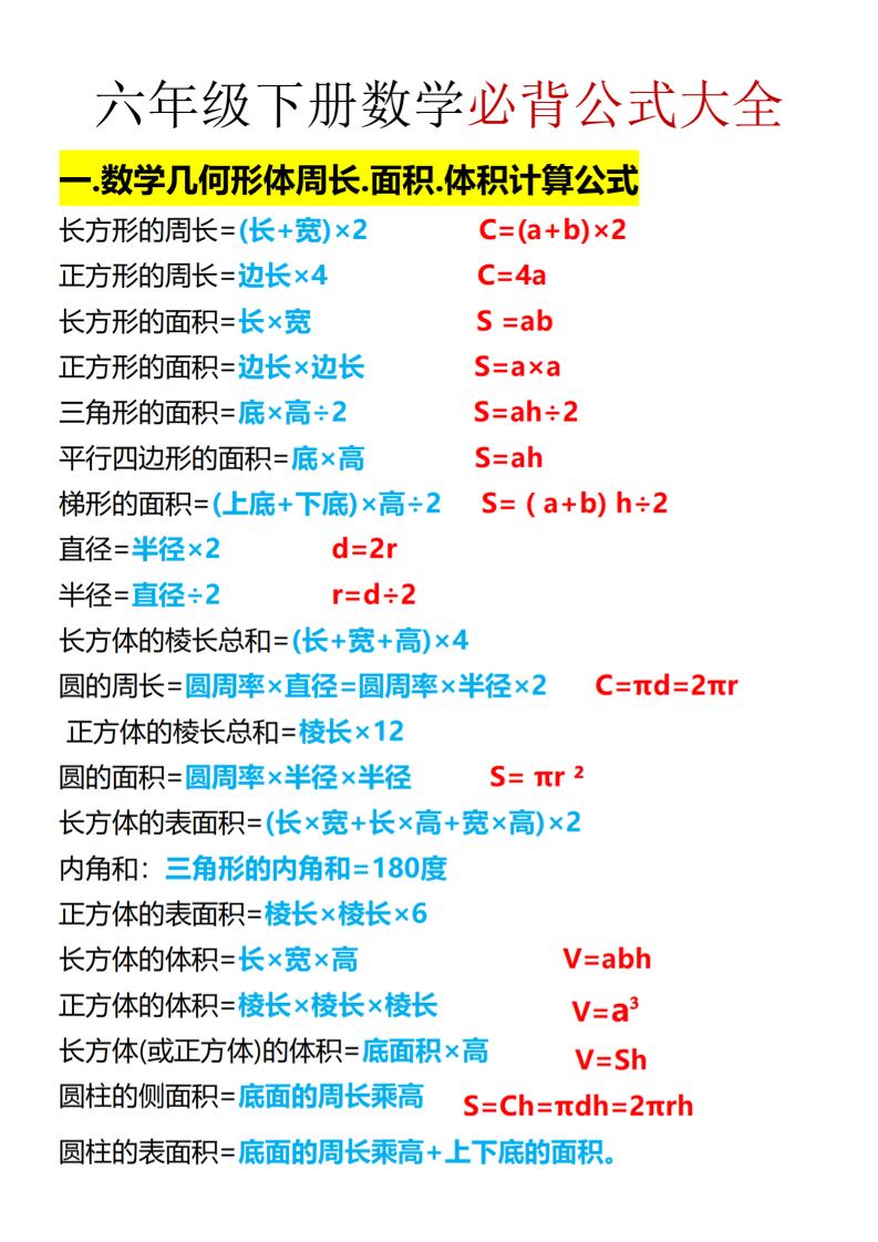 六年级下数学期末必背公式大全