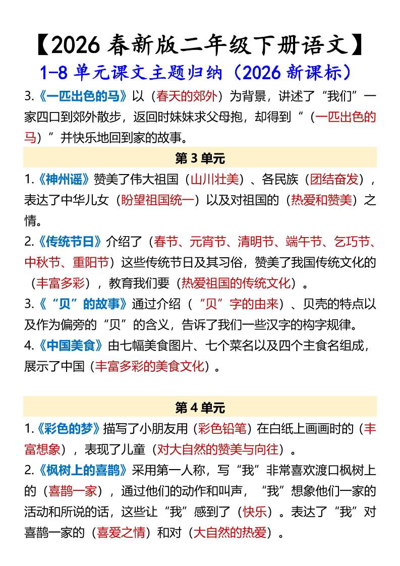 二年级下语文1-8单元课文主题归纳-资源共享