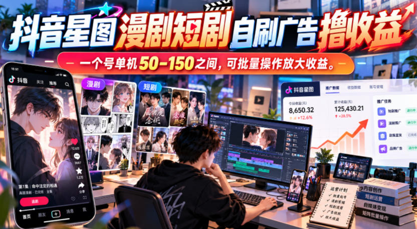 抖音星图漫剧短剧自刷广告撸收益,一个号单机50-150之间,可批量操作放大收益-资源共享
