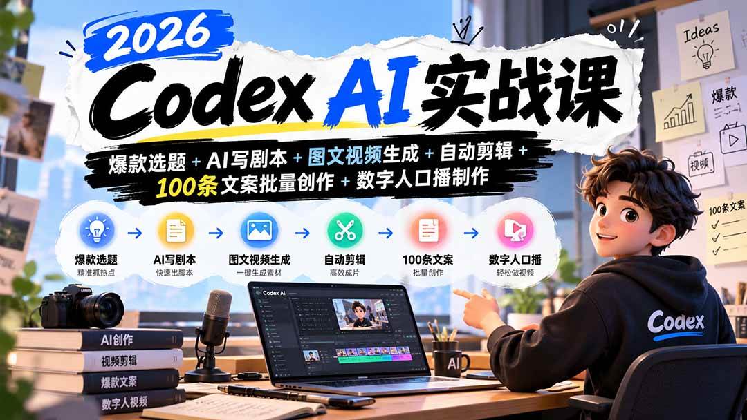 (20899期)2026Codex AI实战课:爆款选题+AI写剧本+图文视频生成+自动剪辑+100条文案批量创作+数字人口播制作-资源共享