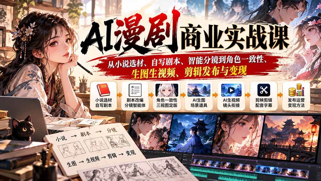 (20811期)AI漫剧商业实战课:从小说选材、自写剧本、智能分镜到角色一致性、生图生视频、剪辑发布与变现-资源共享