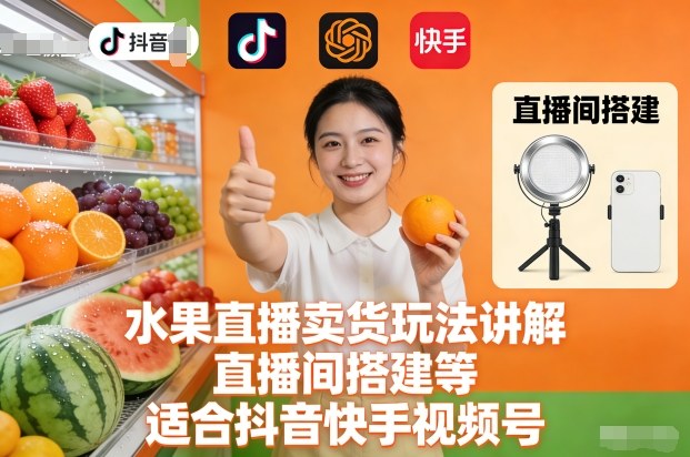 水果直播卖货玩法讲解、直播间搭建等，适合抖音快手视频号-资源共享
