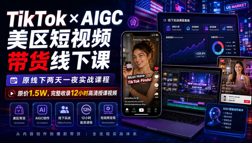 TikTok×AIGC美区短视频带货线下课,原线下两天一夜实战课程,原价1.5W,完整收录12小时高清授课视频-资源共享