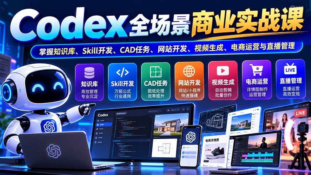 (20712期)【无水印】Codex全场景商业实战课:掌握知识库、Skill开发、CAD任务、网站开发、视频生成、电商运营与直播管理-资源共享