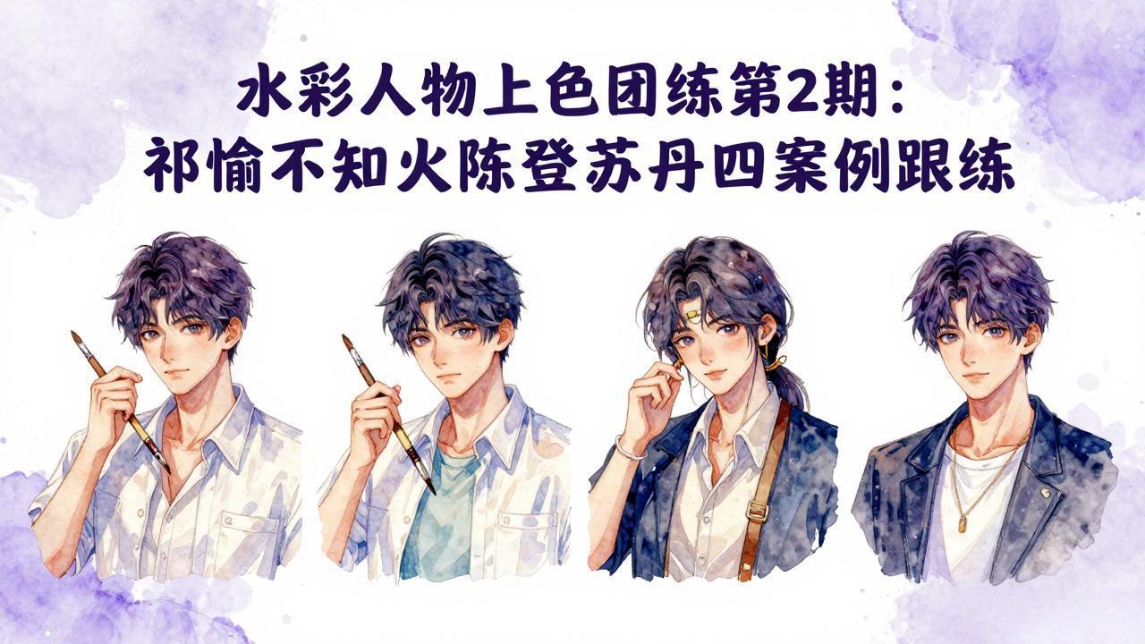 水彩人物上色团练第2期：祁煜不知火陈登苏丹四案例跟练，手把手提升绘画能力-资源共享