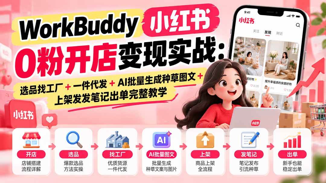 （20801期）WorkBuddy小红书0粉开店变现实战：选品找工厂+一件代发+AI批量生成种草图文+上架发发笔记出单完整教学-资源共享