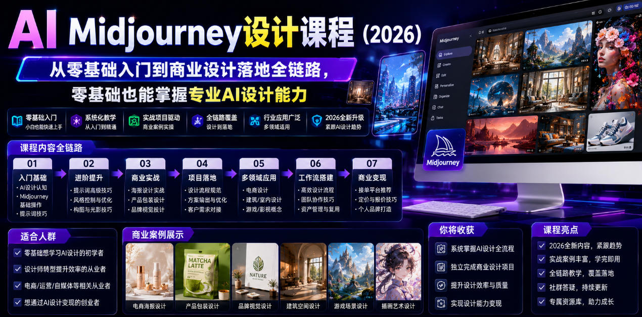 AI Midjourney设计课程(2026),从零基础入门到商业设计落地全链路,零基础也能掌握专业AI设计能力(更新1007) AI Midjourney设计课程(2026),从零基础入门到商业设计落地全链路,零基础也能掌握专业AI设计能力(更新1007)