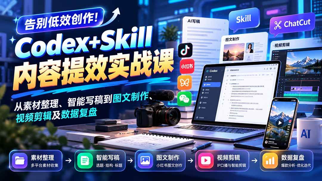 (20915期)【无水印】告别低效创作!Codex+Skill内容提效实战课:从素材整理、智能写稿到图文制作、视频剪辑及数据复盘 (20915期)【无水印】告别低效创作!Codex+Skill内容提效实战课:从素材整理、智能写稿到图文制作、视频剪辑及数据复盘