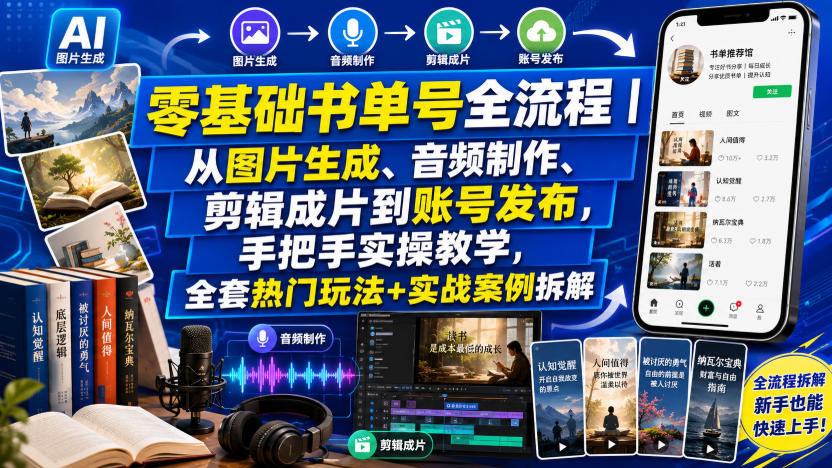 零基础书单号全流程｜从图片生成、音频制作、剪辑成片到账号发布，手把手实操教学，全套热门玩法+实战案例拆解-资源共享
