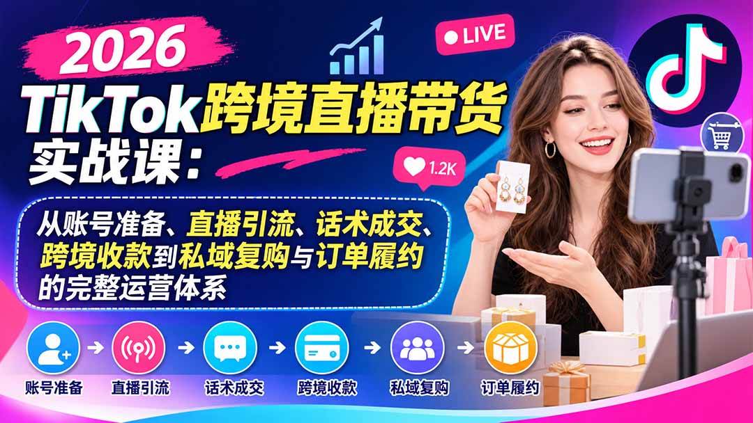 (20898期)2026TikTok跨境直播带货实战课:从账号准备、直播引流、话术成交、跨境收款到私域复购与订单履约的完整运营体系-资源共享