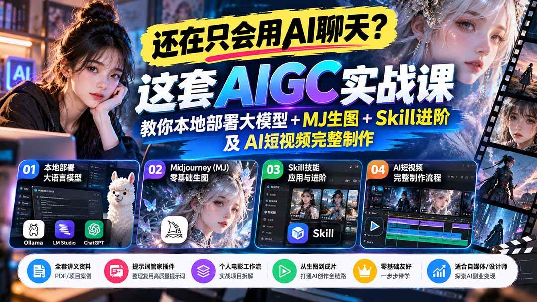 (21135期)【无水印】还在只会用AI聊天?这套AIGC实战课教你本地部署大模型+MJ生图+Skill进阶及AI短视频完整制作-资源共享