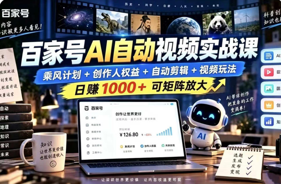 百家号自动矩阵玩法，长期可以做的项目，日入1k+，真正的睡后收入-资源共享