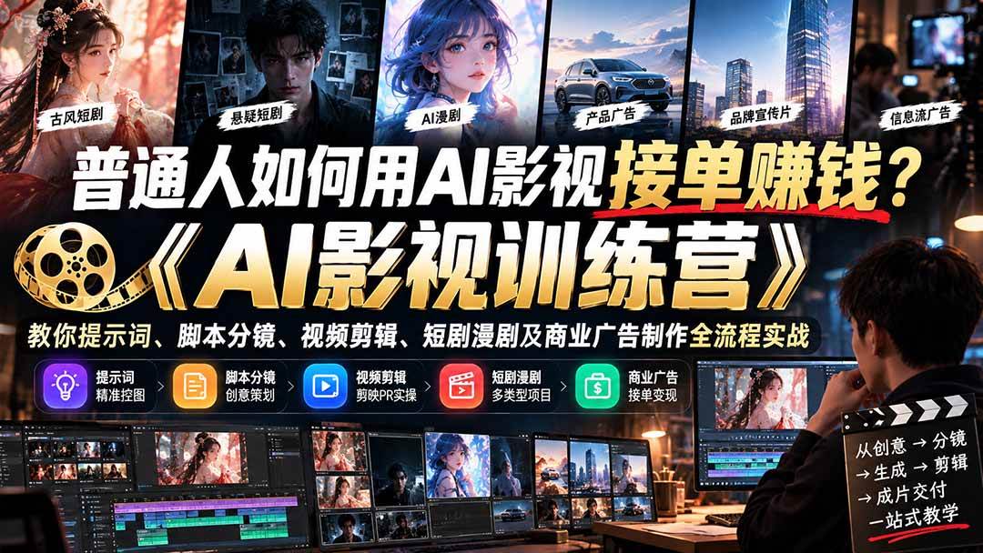 (21230期)普通人如何用AI影视接单赚钱?《AI影视训练营》教你提示词、脚本分镜、视频剪辑、短剧漫剧及商业广告制作全流程实战 (21230期)普通人如何用AI影视接单赚钱?《AI影视训练营》教你提示词、脚本分镜、视频剪辑、短剧漫剧及商业广告制作全流程实战