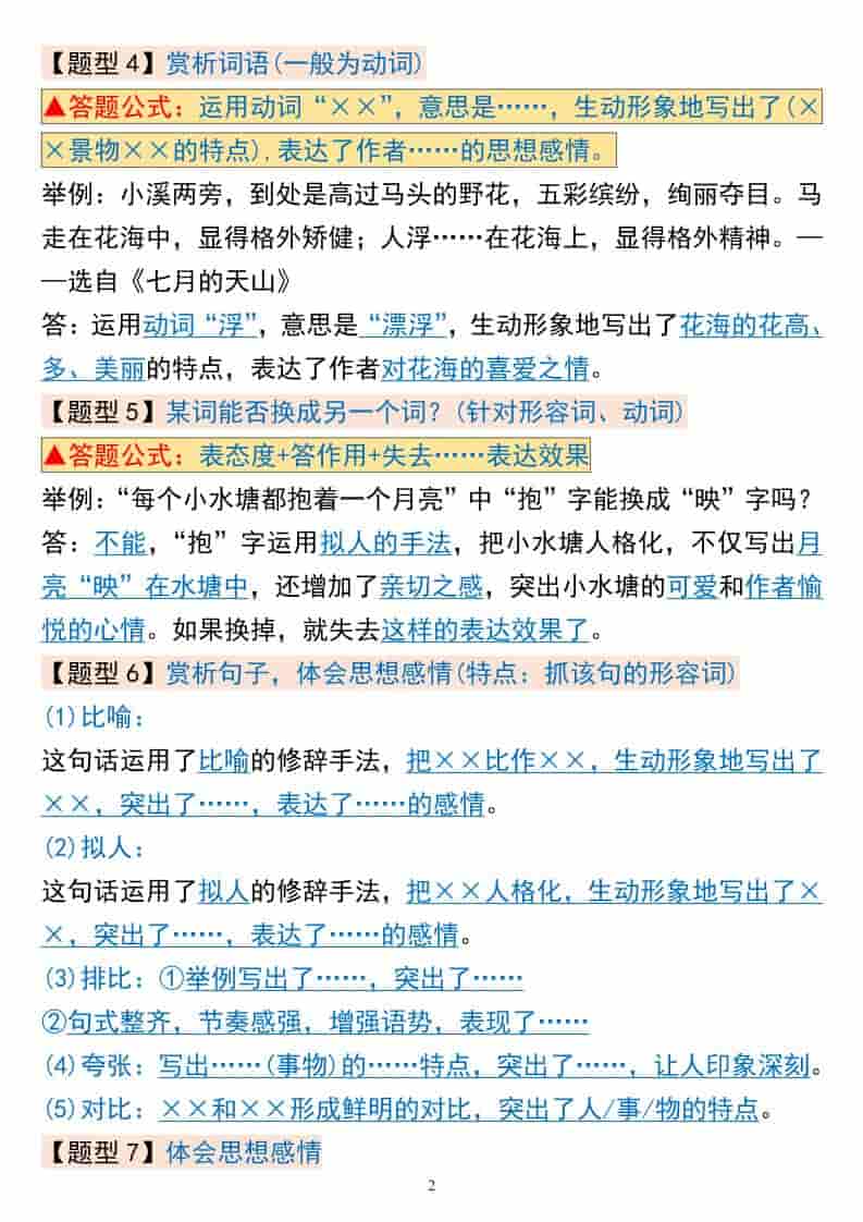 四年级下语文阅读理解常考题型+答题模板-资源共享