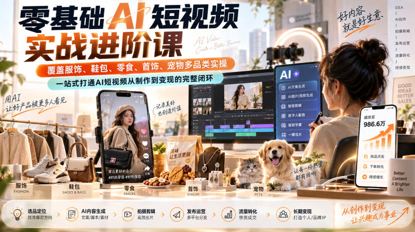 零基础AI短视频实战进阶课，覆盖服饰、鞋包、零食、首饰、宠物多品类实操，一站式打通AI短视频从制作到变现的完整闭环-资源共享