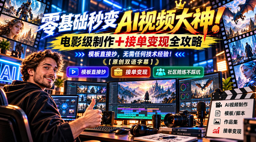 零基础秒变AI视频大神！电影级制作+接单变现全攻略，模板直接抄，无需任何技术经验！【原创双语字幕】-资源共享