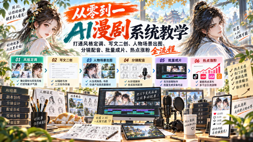 从零到一AI漫剧系统教学，打通风格定调、写文二创、人物场景出图、分镜配音、批量成片、热点涨粉全流程-资源共享