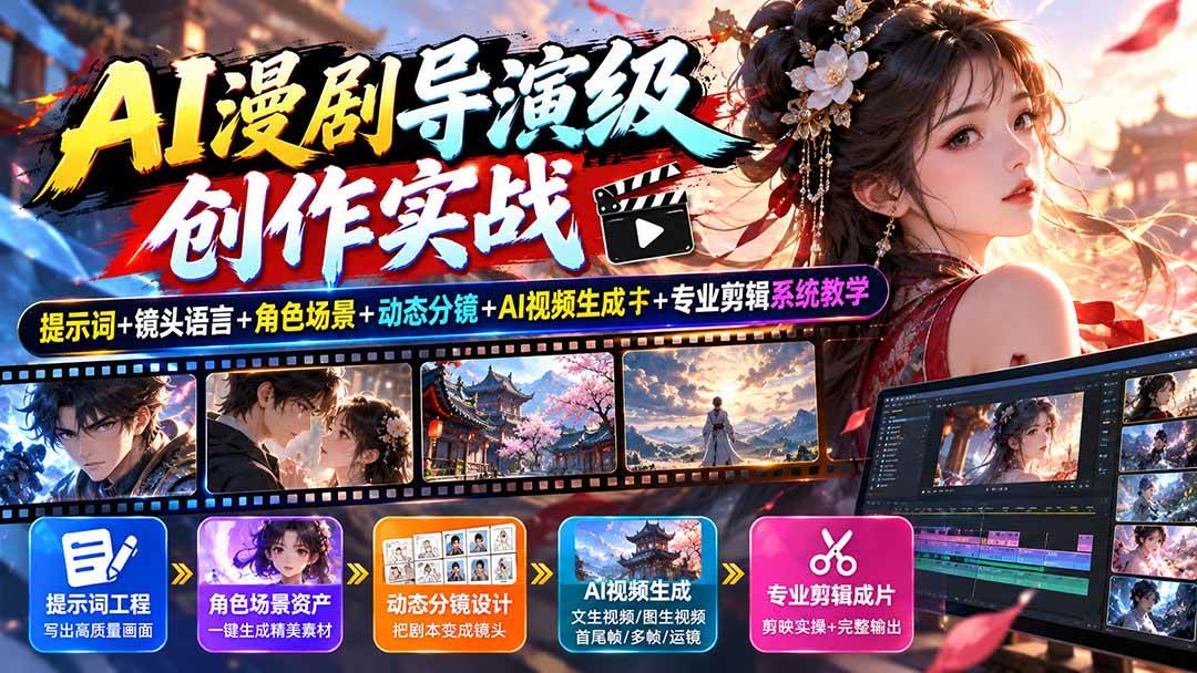 (20814期)AI漫剧导演级创作实战:提示词+镜头语言+角色场景+动态分镜+AI视频生成+专业剪辑系统教学-资源共享