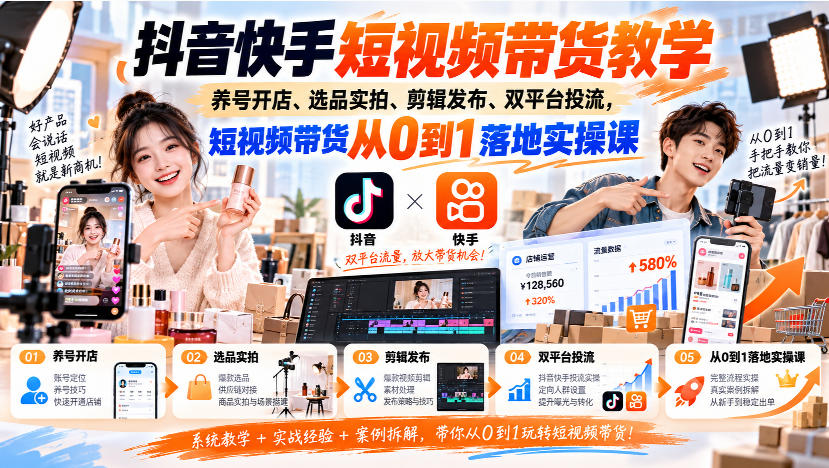 抖音快手短视频带货教学｜养号开店、选品实拍、剪辑发布、双平台投流，短视频带货从0到1落地实操课-资源共享