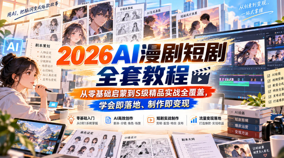 【无水印】2026AI漫剧短剧全套教程,从零基础启蒙到S级精品实战全覆盖,学会即落地、制作即变现-资源共享