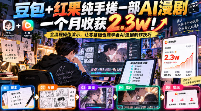 豆包+红果纯手搓一部AI漫剧一个月收获2.3w！全流程操作演示，让零基础也能学会AI漫剧制作技巧-资源共享