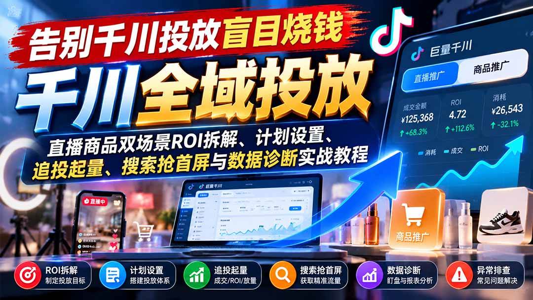 （21079期）告别千川投放盲目烧钱：直播商品双场景ROI拆解、计划设置、追投起量、搜索抢首屏与数据诊断实战教程-资源共享