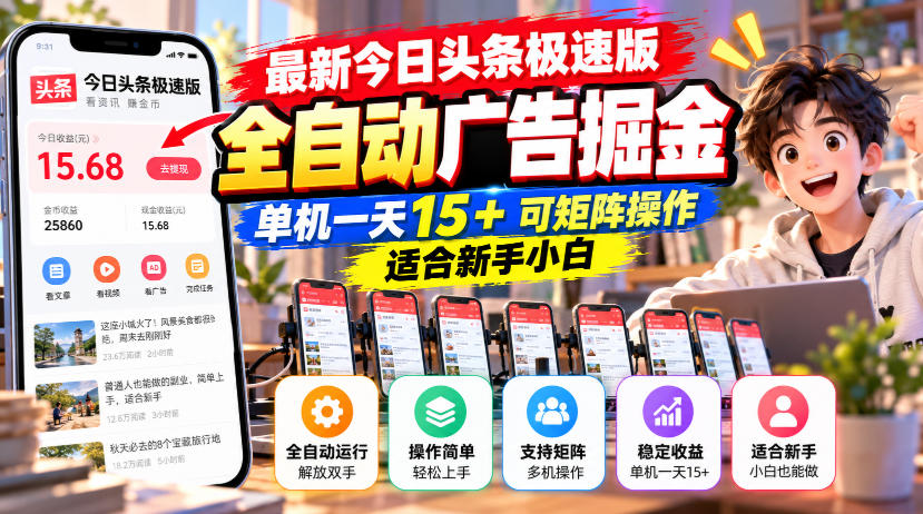 最新今日头条极速版全自动广告掘金,单机一天15+可矩阵操作适合新手小白-资源共享