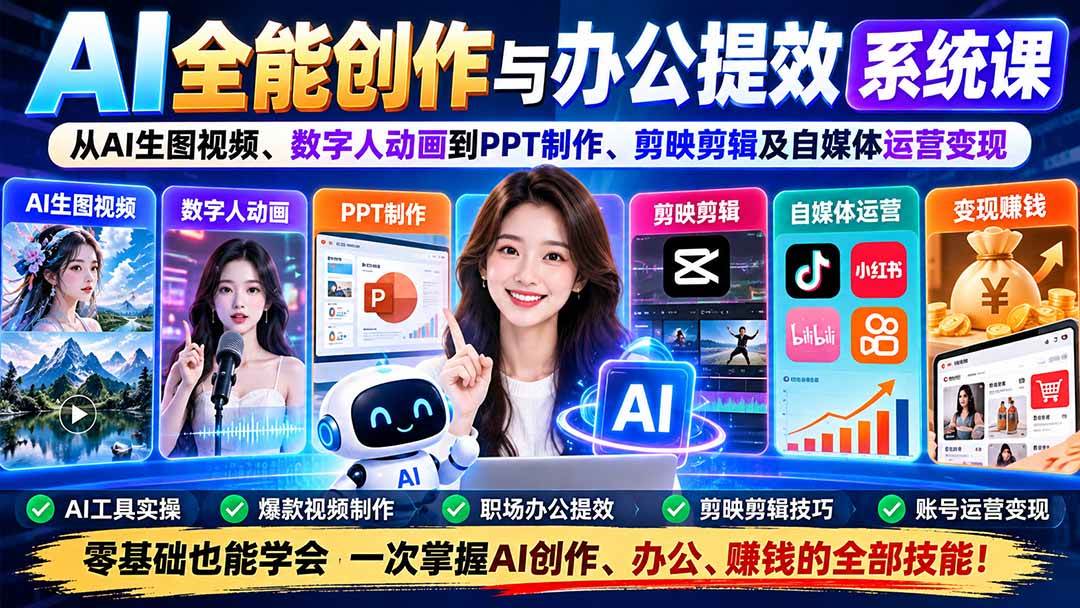 (20885期)AI全能创作与办公提效系统课:从AI生图视频、数字人动画到PPT制作、剪映剪辑及自媒体运营变现-资源共享