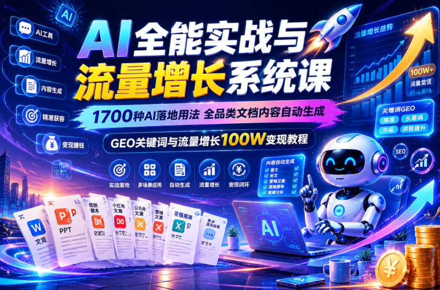AI全能实战与流量增长系统课,1700种AI落地用法,全品类文档内容自动生成,GEO关键词与流量增长100W变现教程-资源共享