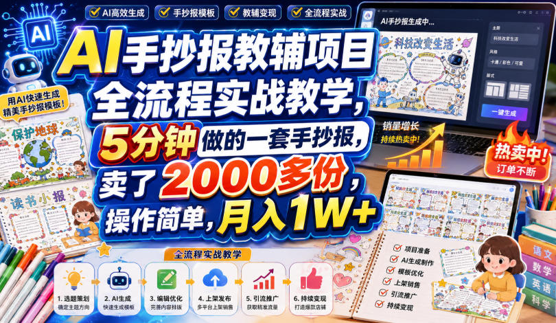 AI手抄报教辅项目全流程实战教学，5分钟做的一套手抄报，卖了2000多份，操作简单，月入1W+-资源共享