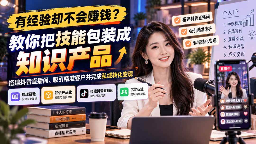（21268期）有经验却不会赚钱？教你把技能包装成知识产品，搭建抖音直播间、吸引精准客户并完成私域转化变现-资源共享