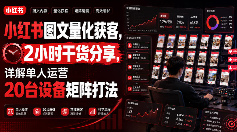 小红书图文量化获客，2小时干货分享，详解单人运营20台设备矩阵打法-资源共享