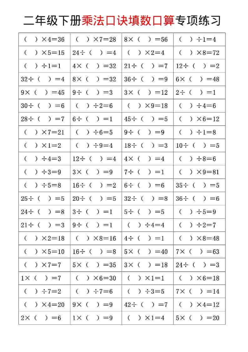 二年级下数学乘法口诀和混合运算专项练习-资源共享