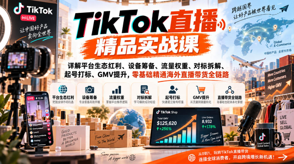 TikTok直播精品实战课，详解平台生态红利、设备筹备、流量权重、对标拆解、起号打标、GMV提升，零基础精通海外直播带货全链路-资源共享