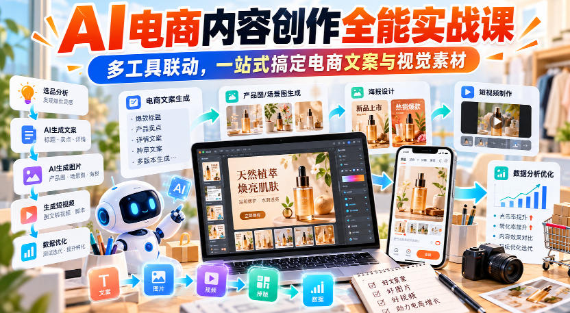 【无水印】AI电商内容创作全能实战课｜多工具联动，一站式搞定电商文案与视觉素材-资源共享