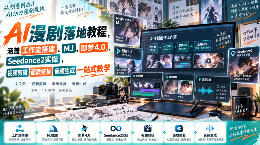 AI漫剧落地教程,涵盖工作流搭建、MJ、即梦4.0、Seedance2实操,视频剪辑画质修复音频生成一站式教学-资源共享