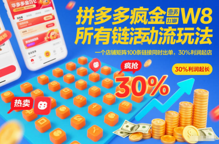 拼多多疯狂活动流玩法，所有链接全部打标，一个店铺矩阵100条链接同时出单，30%利润起店-资源共享